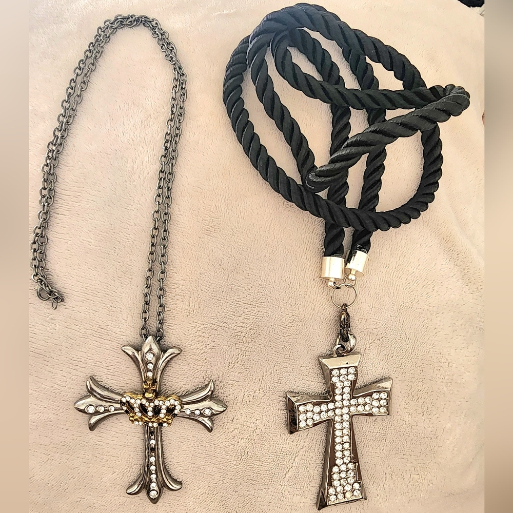 Vintage Unisex Large Stainless Steel Rhinestone Cross Necklaces Set